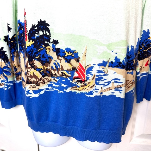 TALBOTS Sailboat Sweater Lightweight Knit Nautical Lighthouse Coastal Green Blue - Picture 3 of 7